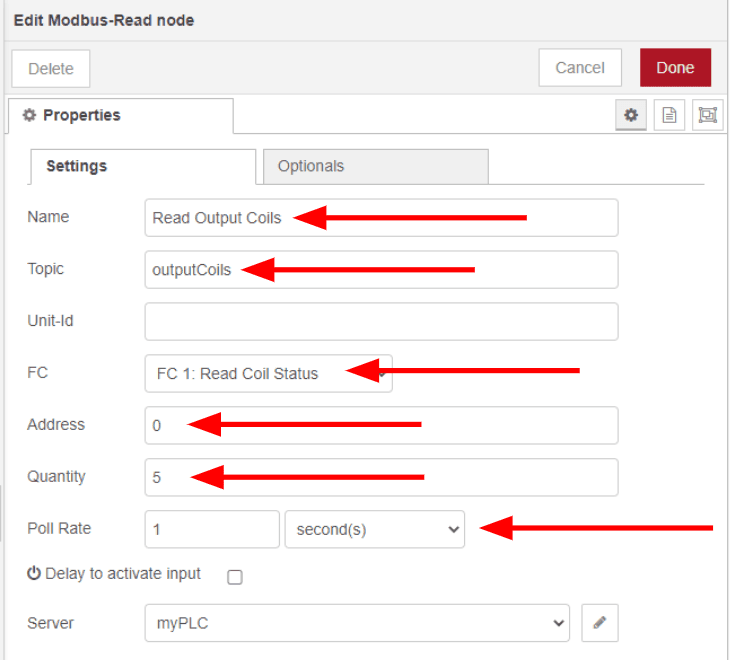 Setting how often data is read in the first Modbus read node Setting how often data is read in the first Modbus read node
